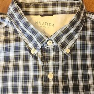 Nautica Men's Navy and White Plaid Button-Down Shirt